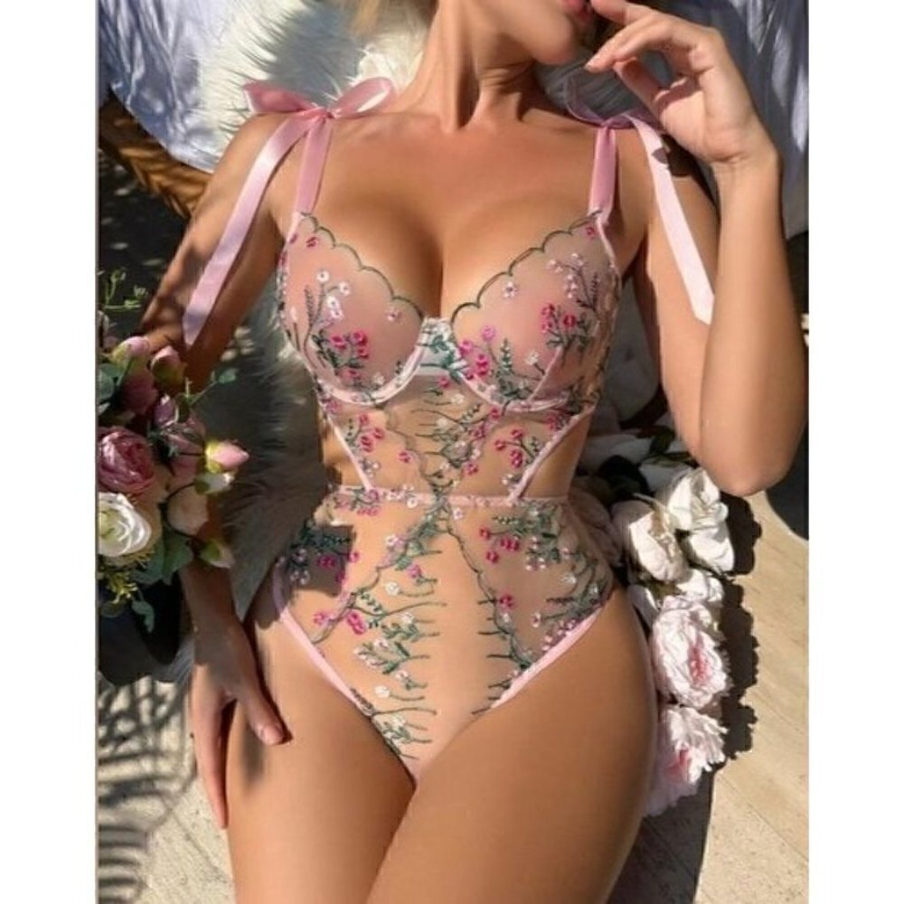 Embroidery Mesh Tie Shoulder Teddy Bodysuit Lingeries